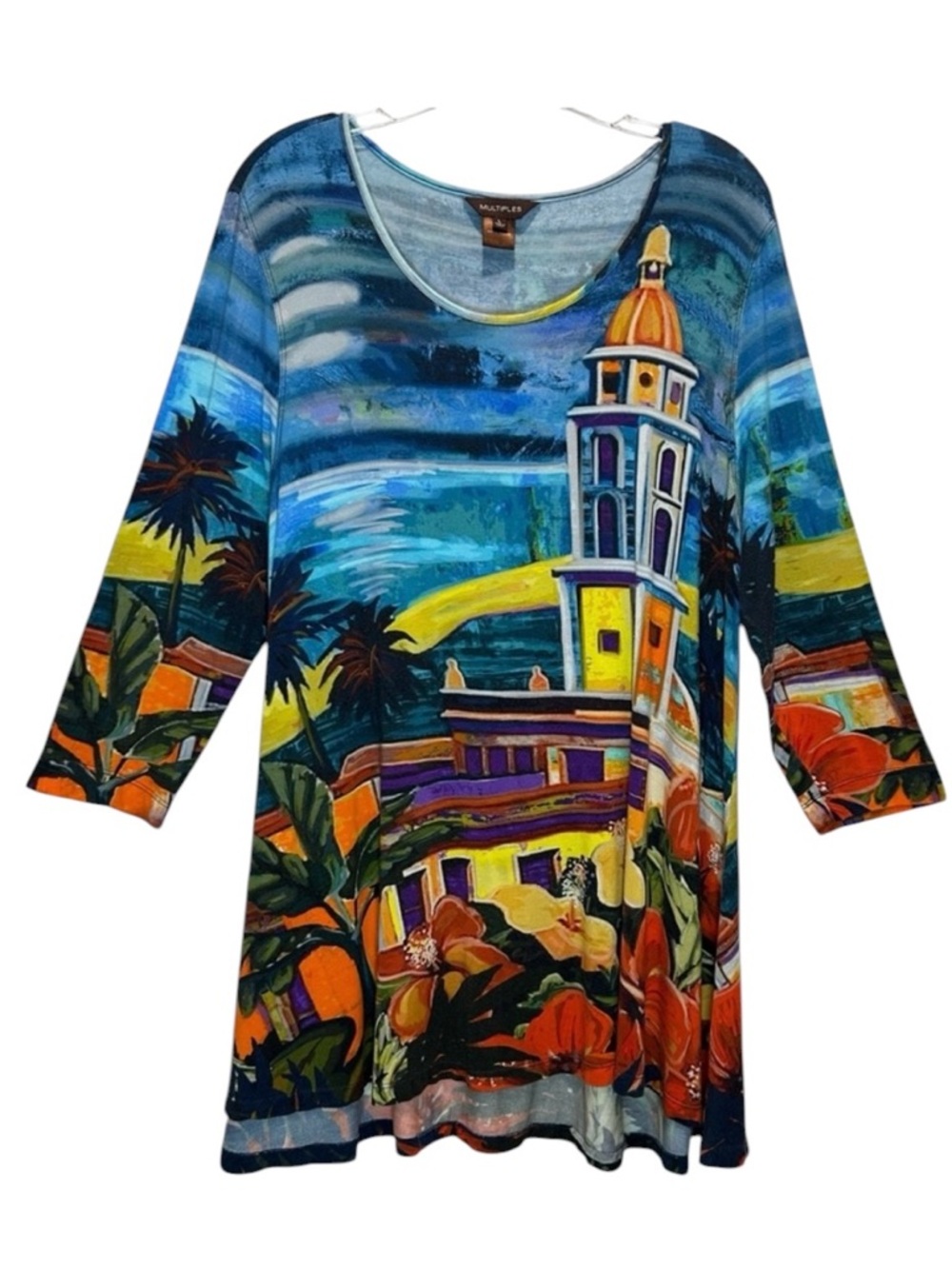 Multiples Artsy Multicolored Scenic Print Lightweight Cotton Tunic Top - Large